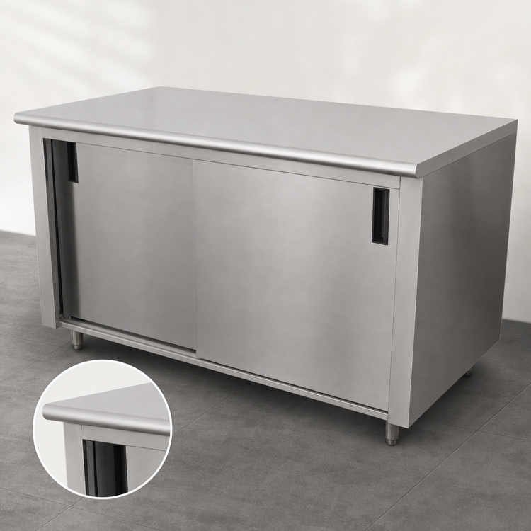 Product image #3 for Advance Tabco Special Value Economy Cabinet Base Enclosed Work Table with Sliding Doors, 120 x 24 Inches, 16-Gauge 304 Stainless Steel Top