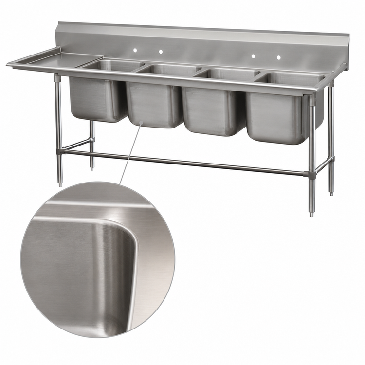Product image #3 for Advance Tabco Regaline 4-Compartment Sink with Left-Hand 36-Inch Drainboard, 16 x 20 Bowls, 14-Gauge 304 Stainless Steel