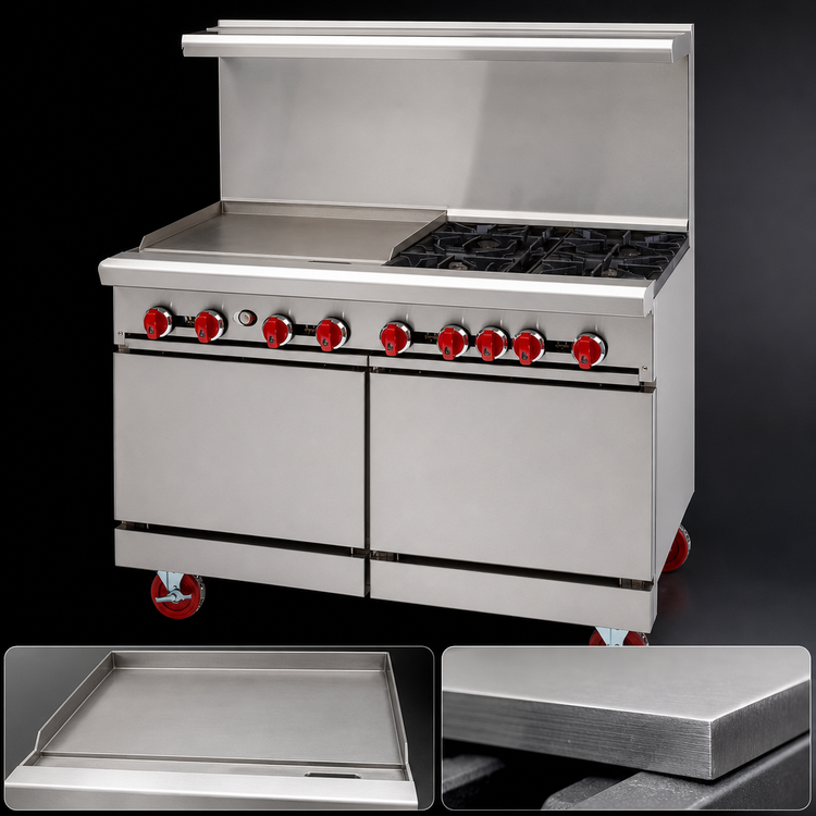 Product image #3 for American Range 48-Inch Gas Restaurant Range with 24-Inch Griddle, 4 Open Burners, and 2 Space Saver Ovens