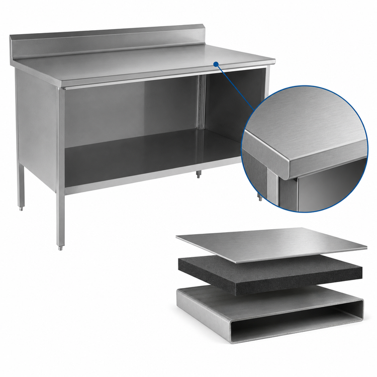 Product image #3 for John Boos Enclosed Base Stainless Steel Work Table with Open Front, 144 x 24 Inches, 14-Gauge Top, 5-Inch Backsplash