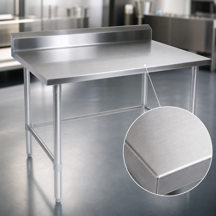 Product image #3 for John Boos Stallion 48-Inch x 24-Inch 14-Gauge 300 Series Stainless Steel Work Table with 5-Inch Backsplash and Galvanized Base