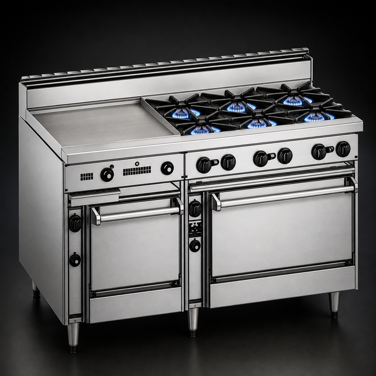 Product image #3 for Bistro 60-Inch Commercial Gas Restaurant Range with 6 Open Burners, 24-Inch Griddle, Standard Oven, and Cabinet Base