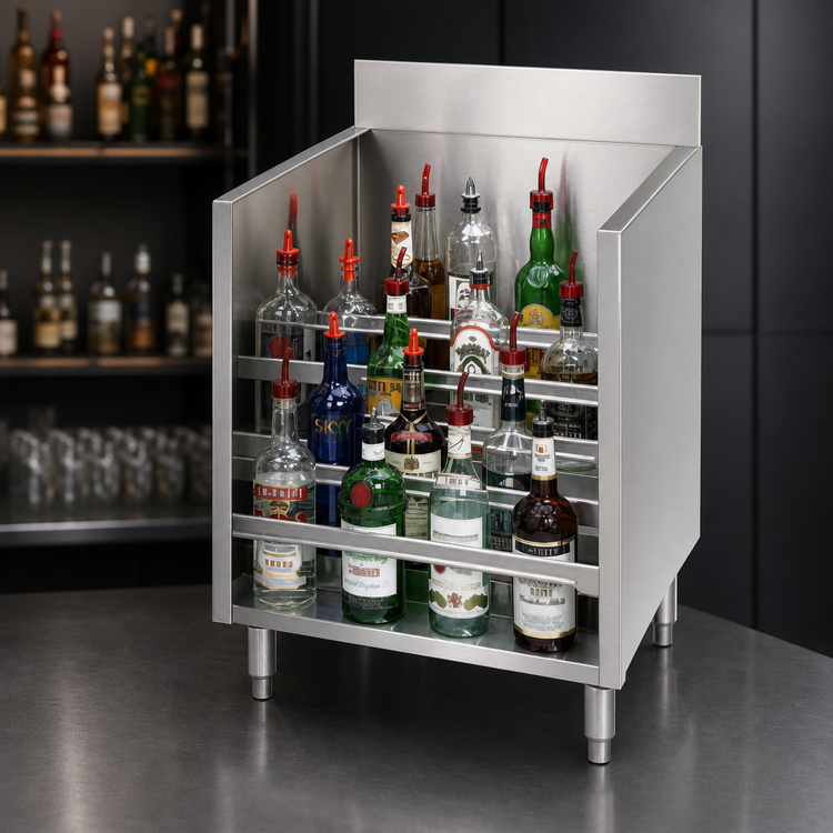 Product image #3 for Advance Tabco Underbar Basics 36-Inch Freestanding Stainless Steel 5-Step Liquor Bottle Display Unit