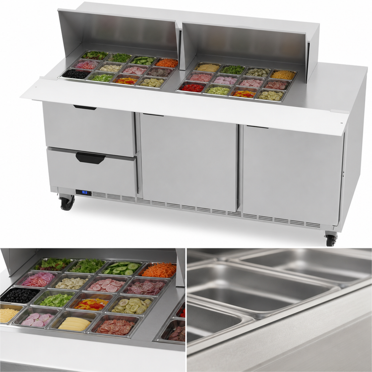 Product image #4 for Beverage-Air 72-Inch Three-Section Mega Top Refrigerated Sandwich Prep Table with 24-Pan Rail, 2 Drawers, and 2 Doors