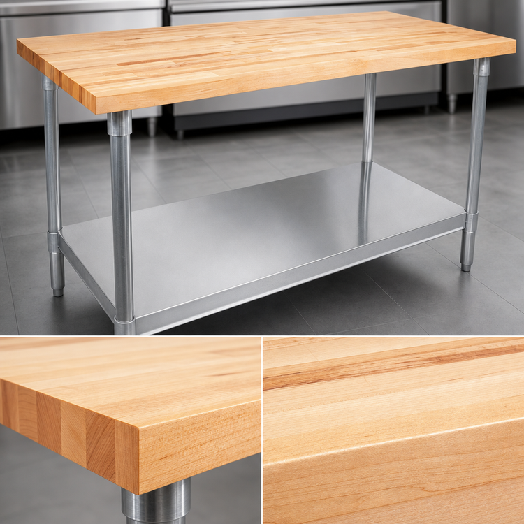 Product image #3 for John Boos 48-Inch x 30-Inch Northern Hard Rock Maple Wood Top Work Table with Stainless Steel Base and Adjustable Undershelf