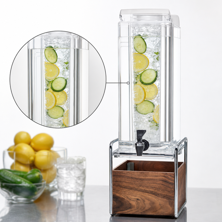 Product image #3 for Cal-Mil Mid-Century 3 Gallon Single Beverage Dispenser with Infusion Chamber, Walnut Base and Chrome Frame