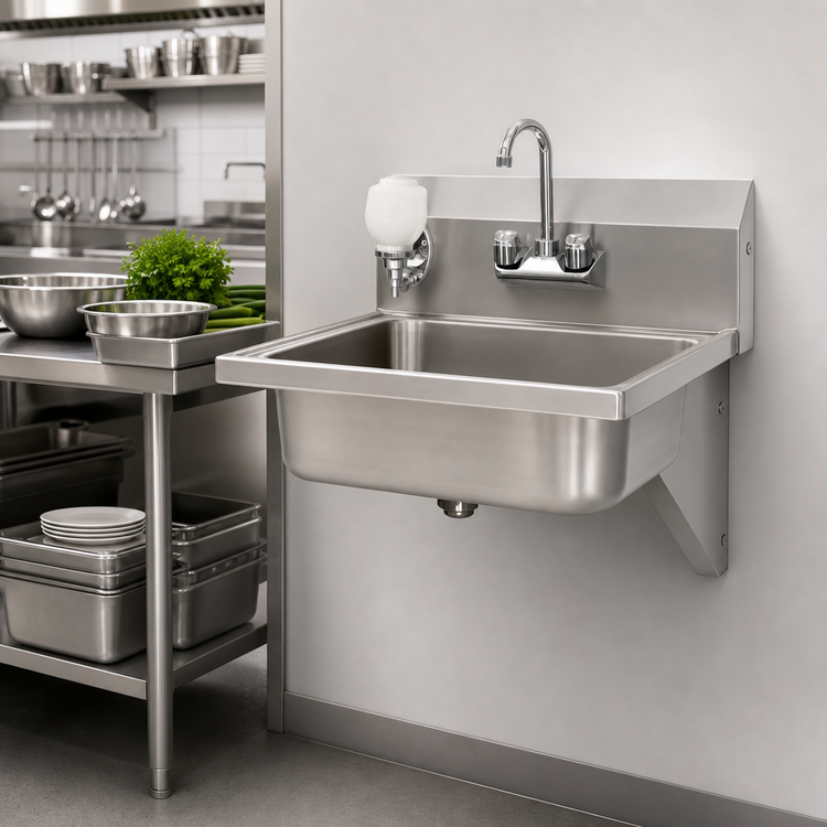 Product image #3 for Eagle Group Wall-Mount Lavatory Hand Sink with Gooseneck Faucet, Soap Dispenser, and Basket Drain