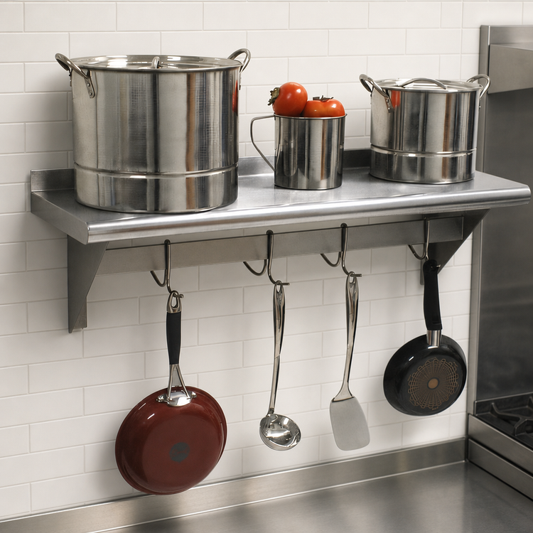 Product image #3 for Advance Tabco Wall-Mounted Shelf with Pot Rack, 96 x 18 Inches, Stainless Steel