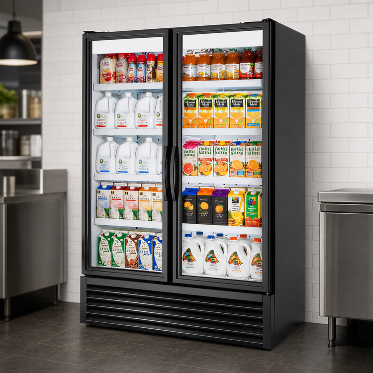 Product image #3 for True Full-Length 2-Section Glass Door Refrigerated Merchandiser, 8 Shelves, Black