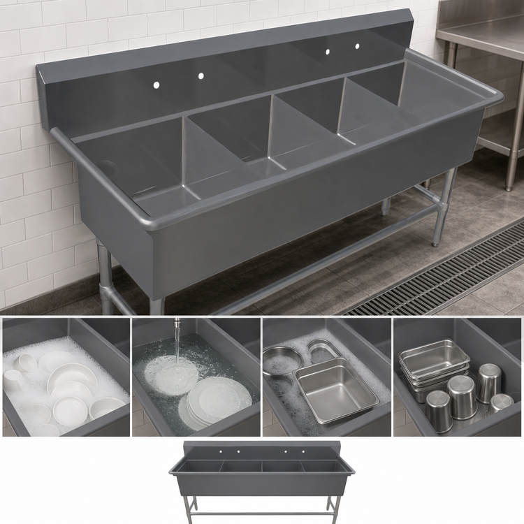 Product image #3 for John Boos Pro-Bowl 4-Compartment Stainless Steel Sink with 10-Inch Backsplash, 77-1/8 x 29-1/2 Inch, 18 x 24 x 12 Inch Bowls