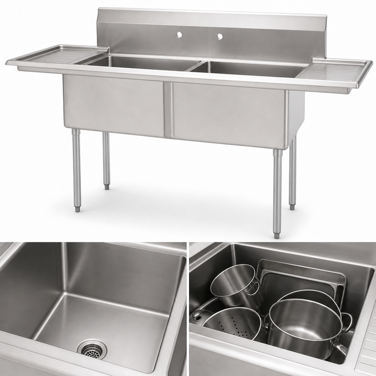 Product image #3 for 72-Inch Freestanding 2-Compartment Pot Sink with Left and Right Drainboards