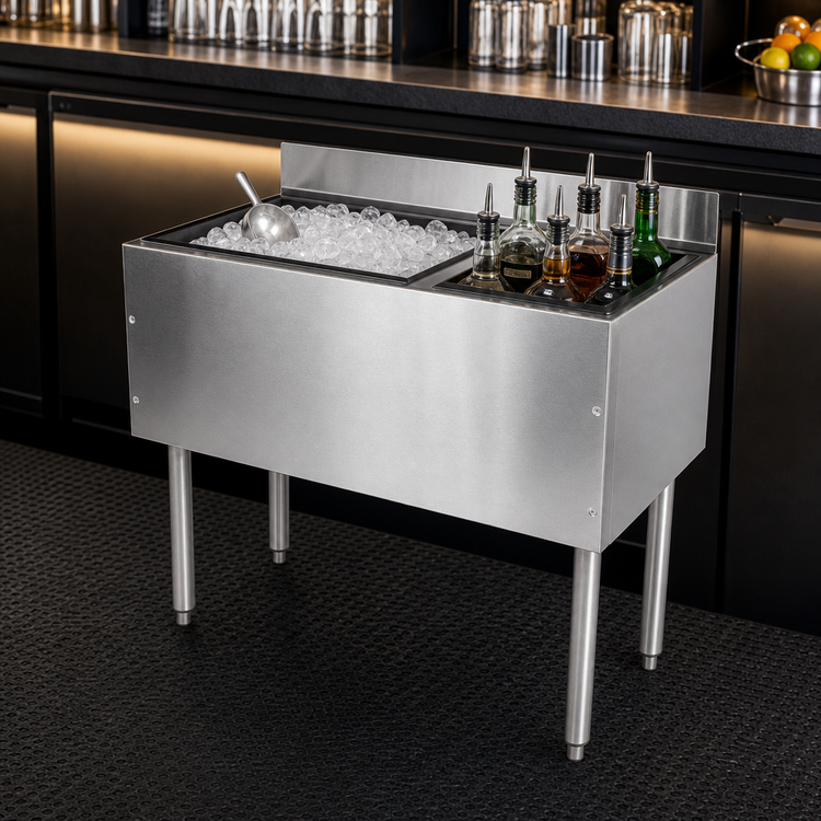 Product image #3 for CHOICE 42-Inch Stainless Steel Underbar Combo Ice Bin/Cocktail Unit with Right-Side 6-Bottle Storage
