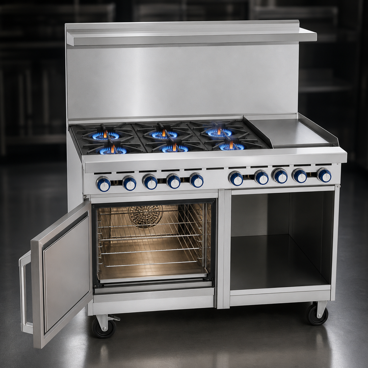 Product image #3 for Imperial Pro Series 48-Inch Gas Restaurant Range with 6 Open Burners, 12-Inch Griddle, Convection Oven, and Open Cabinet