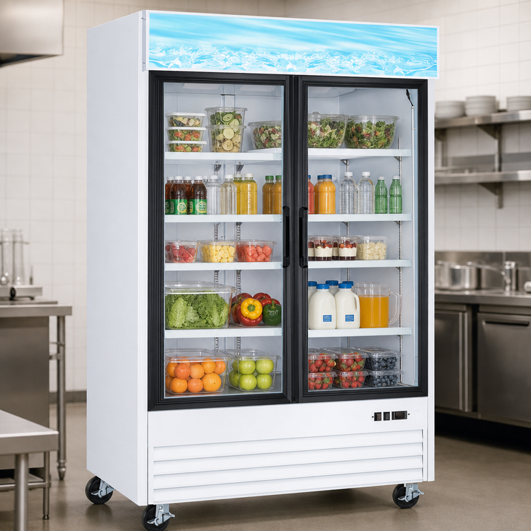 Product image #3 for Two-Section Reach-In Glass Door Merchandiser Refrigerator, 45 Cu. Ft., Bottom-Mount Self-Contained, White