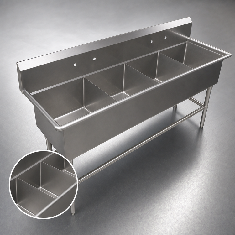 Product image #3 for John Boos Pro-Bowl 4-Compartment Freestanding Stainless Steel Sink with 10-Inch Backsplash, 77-1/8 x 29-1/2 x 44-1/16 Inches