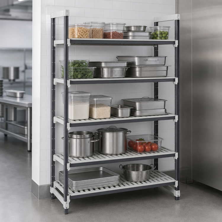 Product image #3 for Cambro Camshelving Elements XTRA 5-Tier Stationary Starter Unit, 24 x 54 x 64 Inches, Vented, Speckled Gray