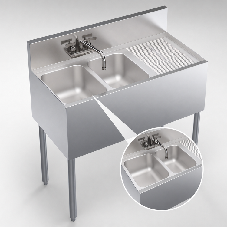 Product image #3 for Krowne Royal Series Two-Compartment Underbar Sink Unit with Right Drainboard, Swing-Spout Faucet, and 10-Inch Deep Bowls, 36 Inch x 19 Inch