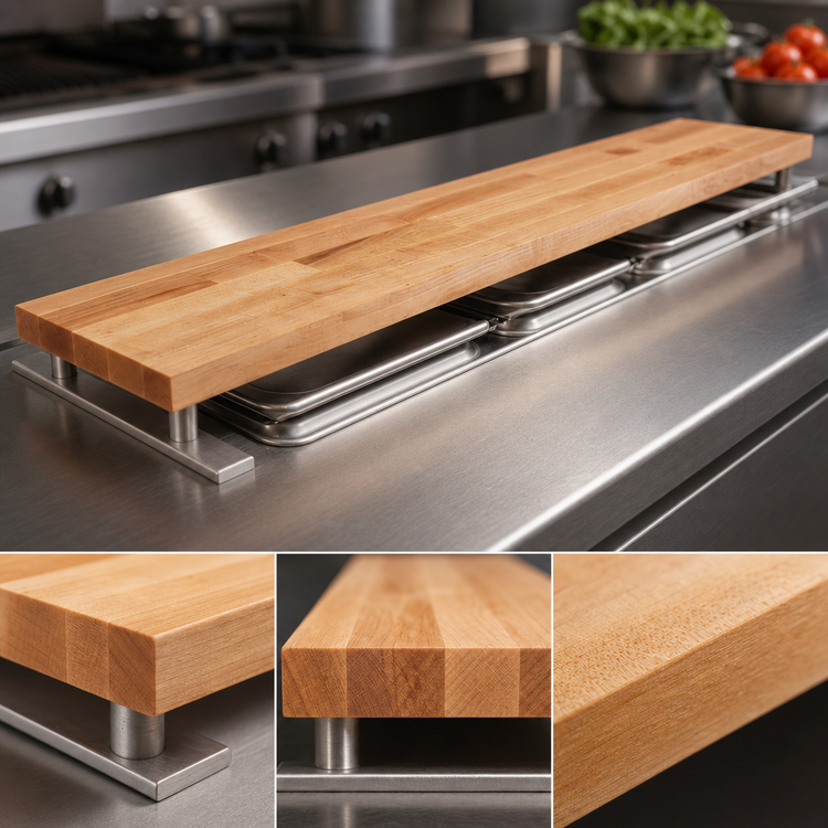 Product image #3 for John Boos 48 x 10 x 1-1/4 Inch Edge Grain Hard Rock Maple Steam Table Cutting Board with Stainless Steel Supports