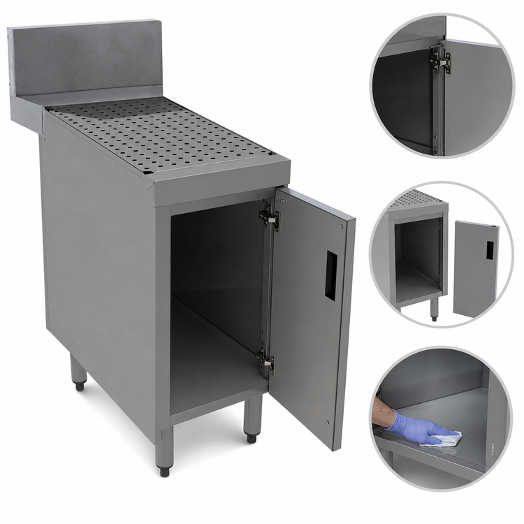 Product image #3 for Advance Tabco Prestige Stainless Steel Underbar Drainboard Cabinet, 12" W x 30" D x 36" H, with Removable Hinged Doors