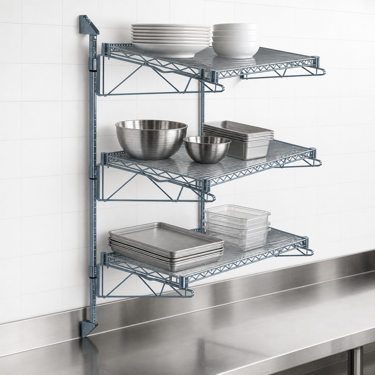 Product image #3 for Quantum Cantilever Wall-Mount Starter Shelving Kit with 3 Wire Shelves, Gray Epoxy Antimicrobial Finish