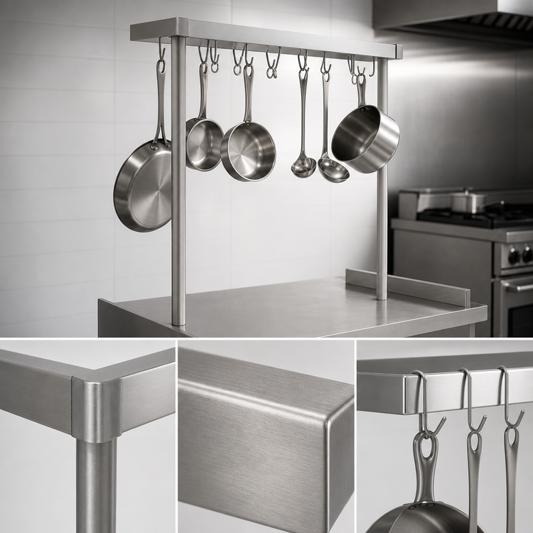 Product image #3 for John Boos Square Table-Mounted Stainless Steel Pot Rack with 12 Double Hooks, 43-1/4 W x 18 D x 48 H