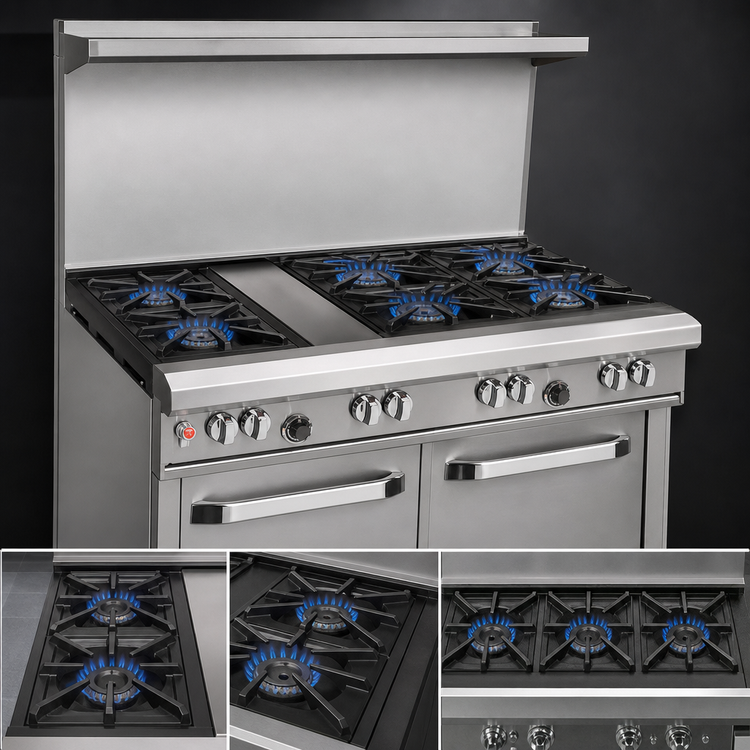 Product image #3 for Ultimate 48-Inch Floor Model Gas Restaurant Range with 7 Open Burners and 2 Space Saver Ovens