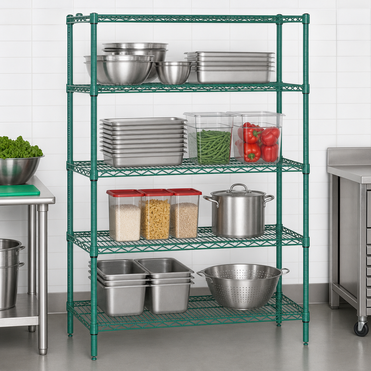 Product image #3 for Quantum Stationary Wire Shelving Starter Kit, 48"W x 30"D x 54"H, Green Epoxy Antimicrobial Finish