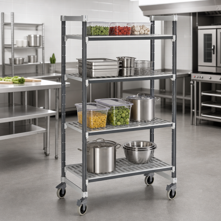 Product image #3 for Cambro Camshelving Elements XTRA 24" x 54" x 78-1/4" 4-Tier Mobile Starter Unit, Vented Polymer Shelving, Speckled Gray