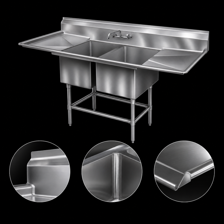 Product image #3 for Spec-Master FN Series Coved Corner Two-Compartment Stainless Steel Sink with Dual 36-Inch Drainboards