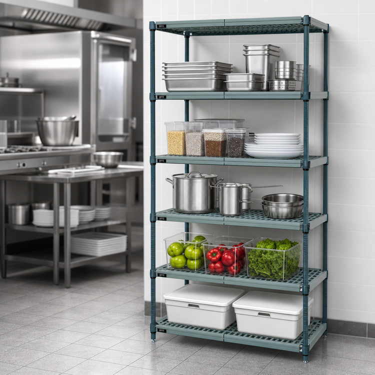 Product image #3 for Quantum 5-Shelf Stationary Wire Plastic Mat Shelving Unit, 42 x 24 x 74 Inches, Green Epoxy Antimicrobial