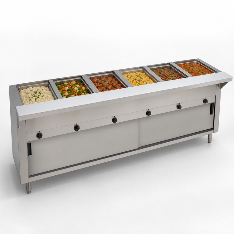 Product image #3 for Advance Tabco Triumph Supreme 93-Inch Electric Hot Food Table with 6 Sealed Wells, Sliding Doors, and Poly Cutting Board