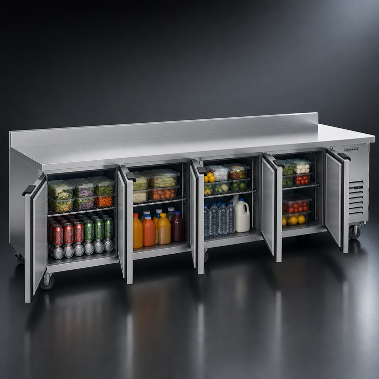 Product image #3 for Beverage-Air WTR119AHC Four-Section Worktop Refrigerator, 118-Inch Wide, 4 Doors, 40.12 Cu. Ft., Side-Mounted Self-Contained Refrigeration