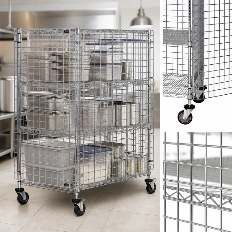 Product image #3 for Quantum Mobile 4-Shelf Wire Security Cage Unit with Locking Doors, Chrome-Plated, 60W x 21D x 69H