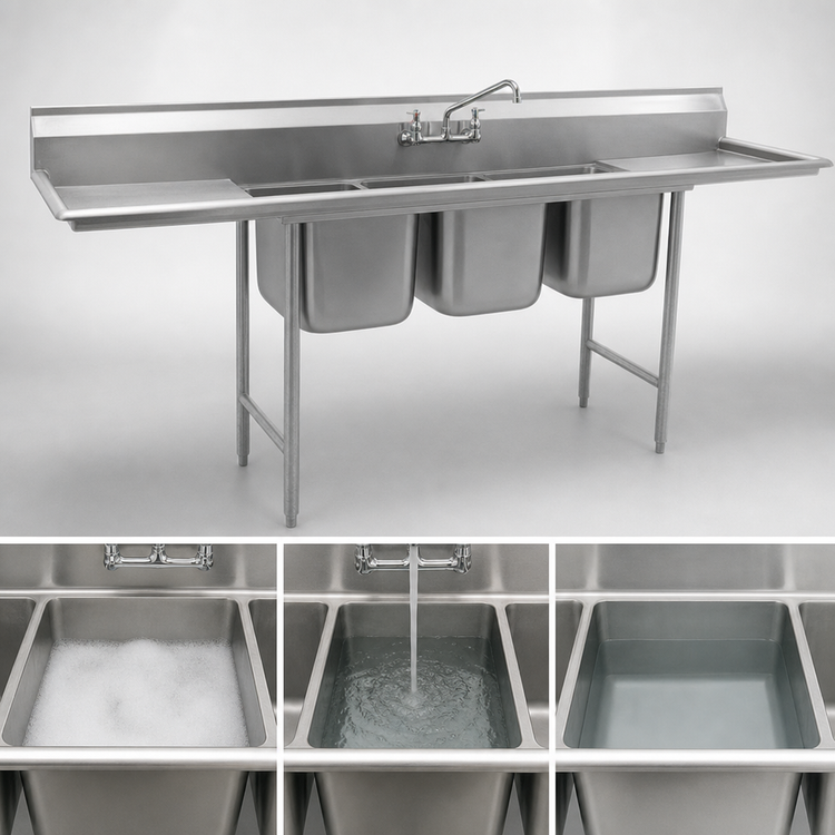 Product image #3 for Eagle Group 3-Compartment 304 Stainless Steel Sink with Backsplash and Galvanized Legs, 58-3/4 Inches Wide