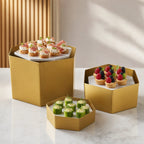 Thumbnail image #4 for American Metalcraft RHG3 3-Piece Gold Hexagonal Buffet Riser Set Case of 6