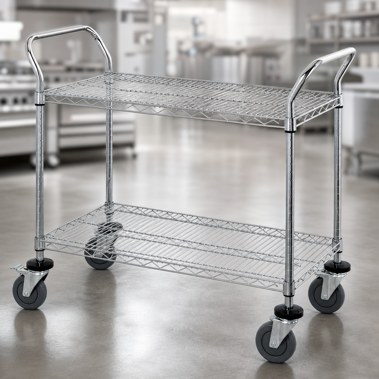 Product image #3 for Quantum Chrome-Plated Wire Utility Cart with 2 Shelves, 48 x 24 x 37-1/2 in., 1,200 lb. Capacity
