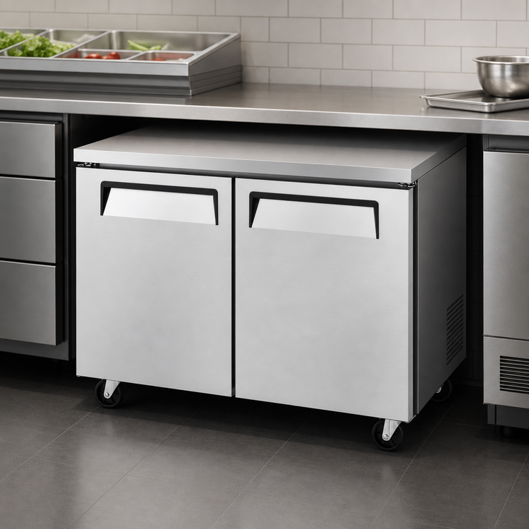 Product image #3 for Turbo Air E-Line 48-1/4-Inch Two-Section Undercounter Freezer with Solid Doors, 13.2 Cu. Ft., Self-Contained Rear-Mounted Refrigeration
