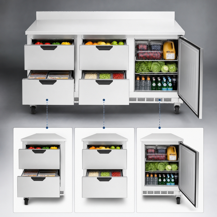 Product image #3 for Beverage-Air 72-Inch Three-Section Worktop Refrigerator with 4 Drawers and 1 Door