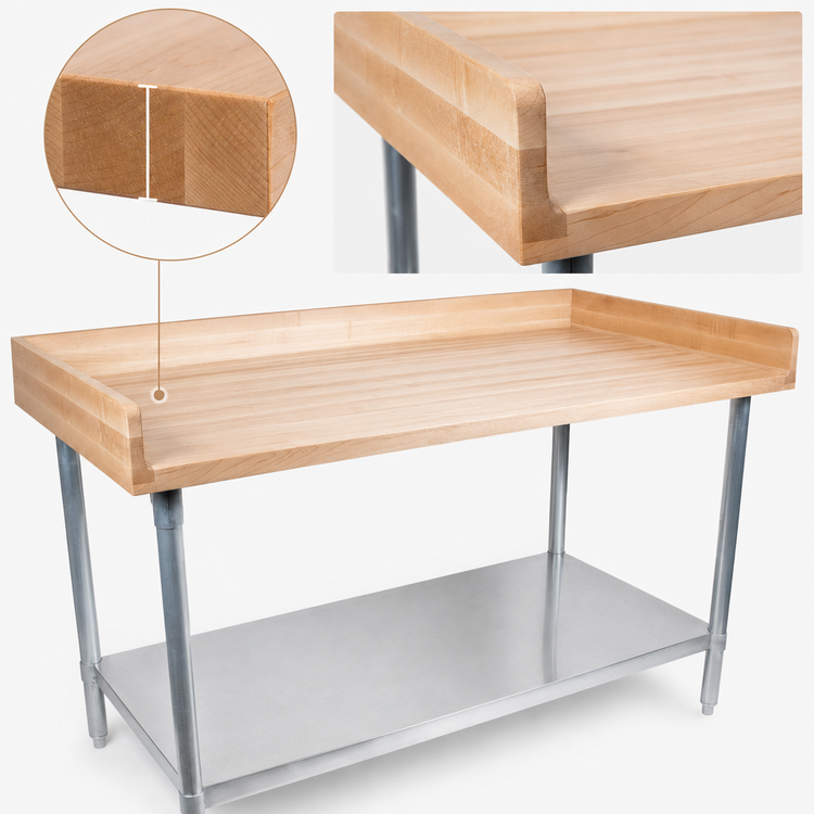 Product image #3 for John Boos DNS17 96" W x 36" D Baker's Top Wood Work Table with Galvanized Undershelf and 4" Coved Riser