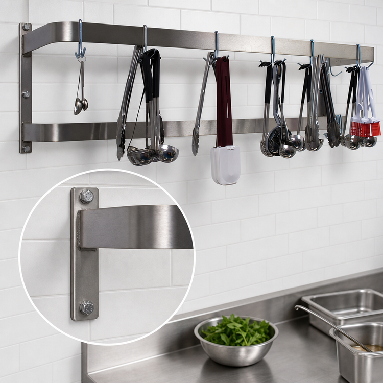 Product image #3 for Advance Tabco SW-144 Wall-Mounted Double Bar Stainless Steel Pot Rack, 144 x 12 Inches, 18 Hooks
