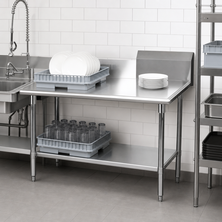 Product image #3 for BK Resources Heavy Duty Straight Clean Dishtable, 60-Inch Left-to-Right, 304 Stainless Steel Top, 10-Inch Backsplash