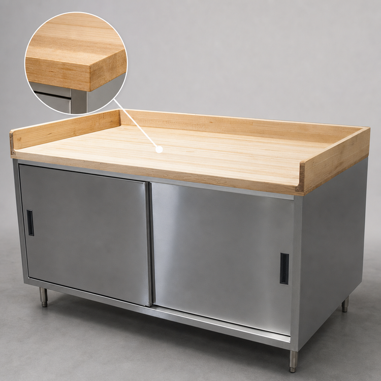 Product image #3 for BK Resources 48" x 36" x 39" Hard Maple Bakers Top Chef Table with Stainless Steel Cabinet Base and Sliding Doors