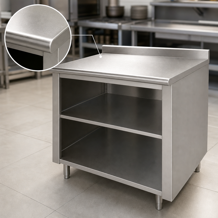 Product image #3 for Advance Tabco 48 Inch x 24 Inch Open Front Cabinet Base Work Table with Mid-Shelf, 14 Gauge 304 Stainless Steel Top, and 1-1/2 Inch Rear Up-Turn