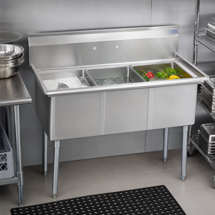 Product image #3 for BK Resources 3-Compartment Stainless Steel Sink, 50-Inch Wide, 14-Inch Deep Bowls
