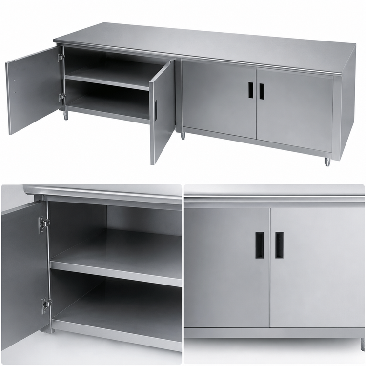 Product image #3 for Advance Tabco Special Value Economy Stainless Steel Enclosed Work Table with Cabinet Base, Mid-Shelf and Hinged Doors, 120 x 30 Inch