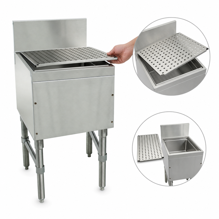 Product image #3 for Advance Tabco Prestige Signature Series 48-Inch Free-Standing Underbar Drainboard with 7-Inch Backsplash and Removable Perforated Top