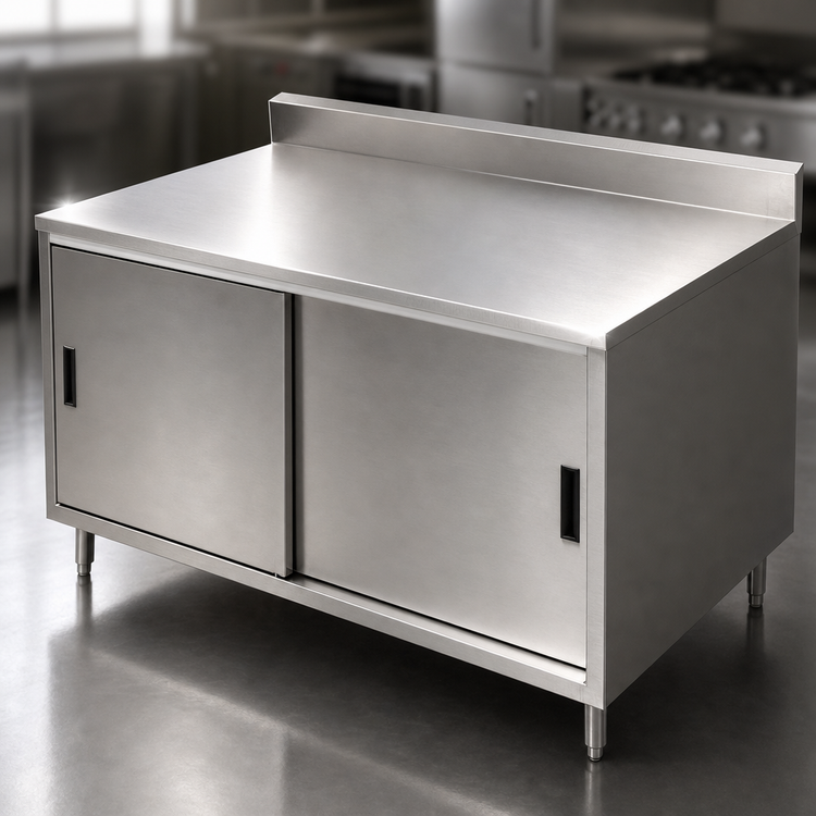 Product image #3 for 48-Inch x 24-Inch Stainless Steel Chef Table with Cabinet Base, Sliding Doors, and 5-Inch Backsplash