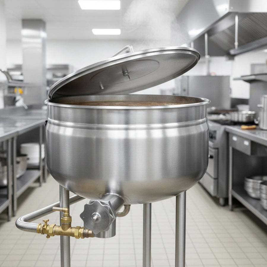 This image highlights the seamless integration of direct steam operation in a 30-gallon full jacket stationary kettle, ensuring powerful and efficient cooking.