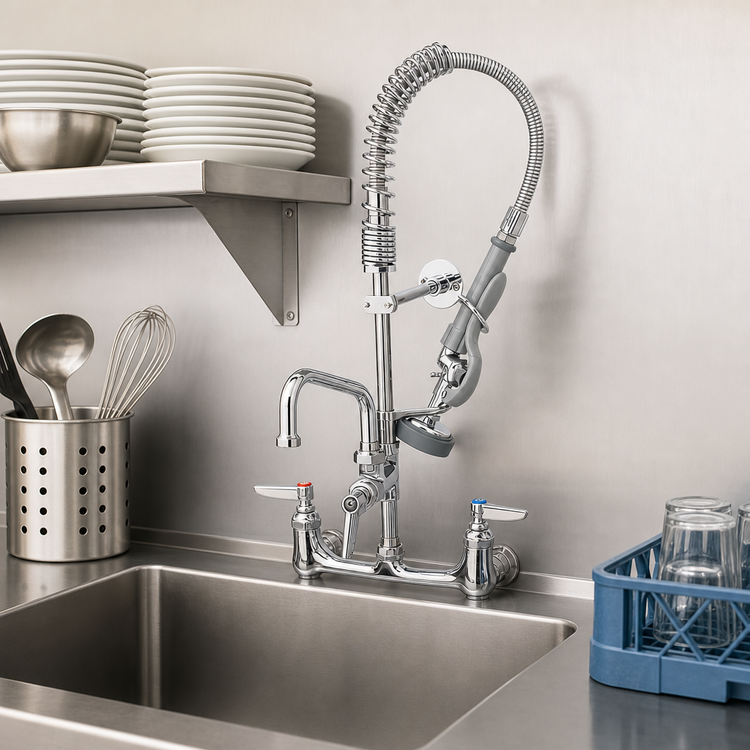 Product image #3 for T&S Brass Mini Pre-Rinse Wall-Mount Faucet with 8" Swing Nozzle and Low-Flow Spray Valve