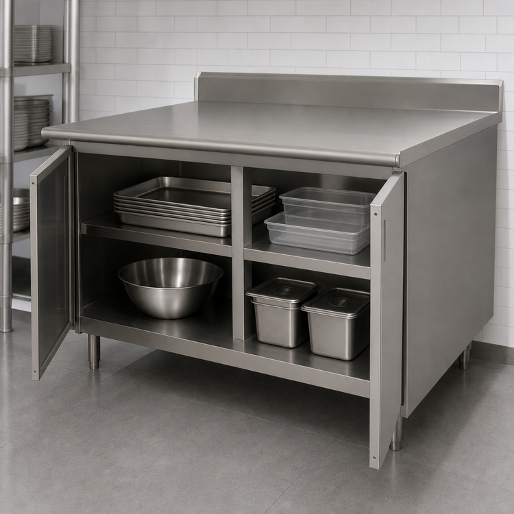 Product image #3 for Advance Tabco 120-Inch x 36-Inch Enclosed Work Table with Cabinet Base, Hinged Doors, 14-Gauge 304 Stainless Steel Top and 5-Inch Backsplash